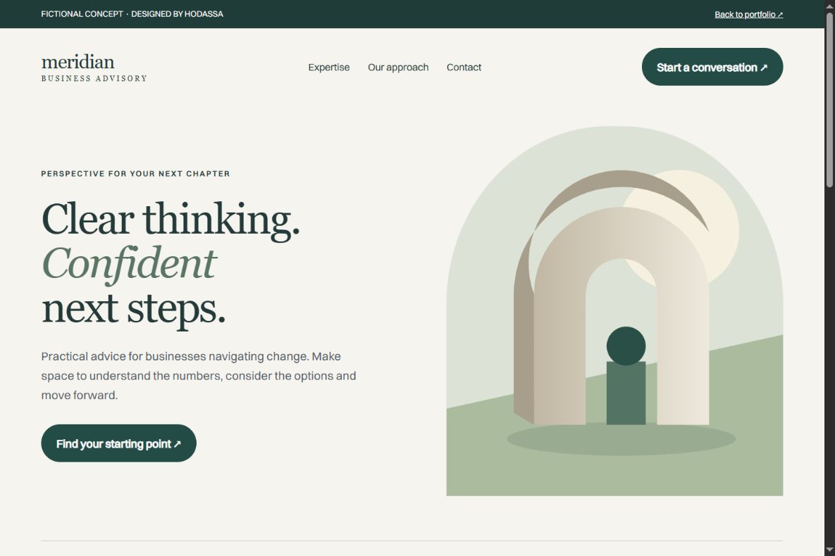 Meridian Advisory fictional website concept, desktop preview
