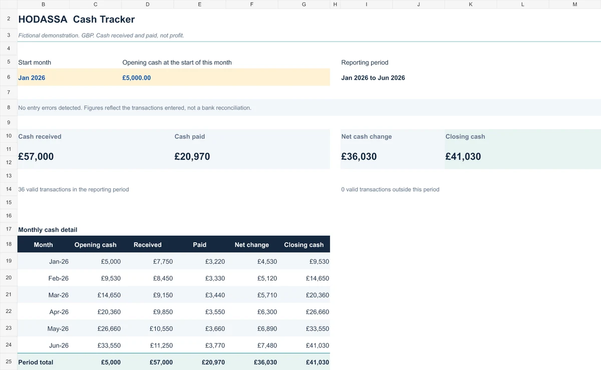 Cash Tracker dashboard excerpt with saved fictional demonstration values