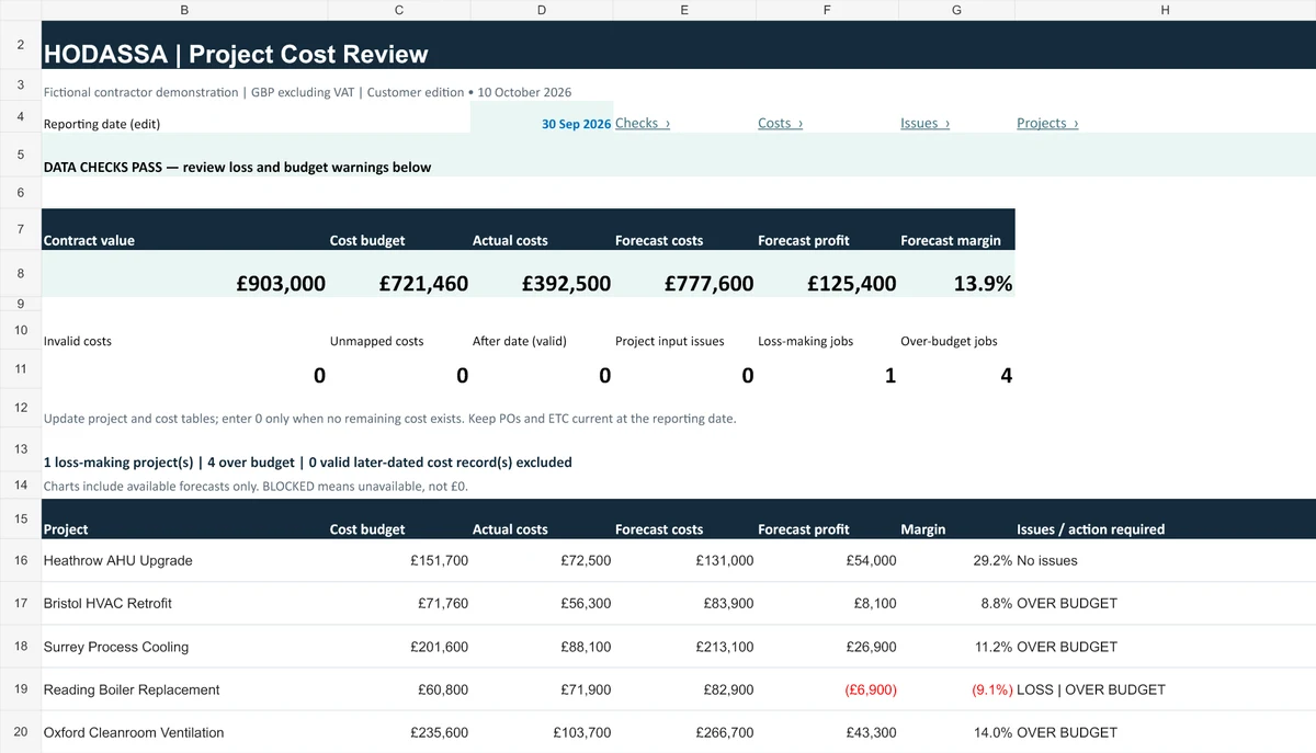 Project Cost Review dashboard excerpt with saved fictional demonstration values